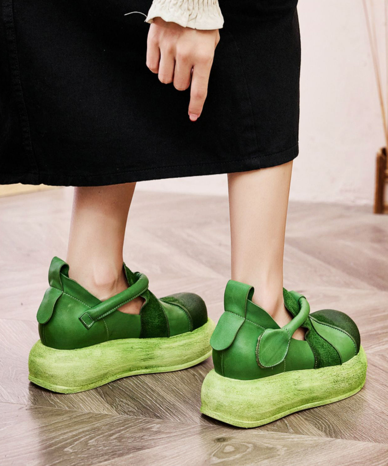 Splicing Platform Flat Shoes Green Cowhide Leather