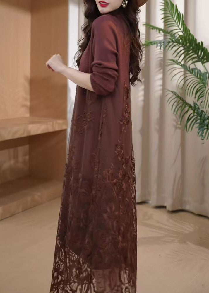 Coffee Embroidered Patchwork Knit Long Dress Winter