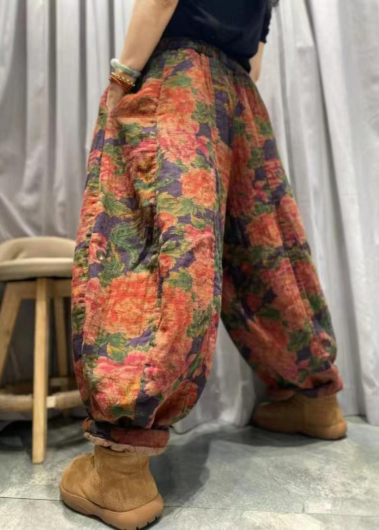 Red Pockets Print Fine Cotton Filled Lantern Pants Winter
