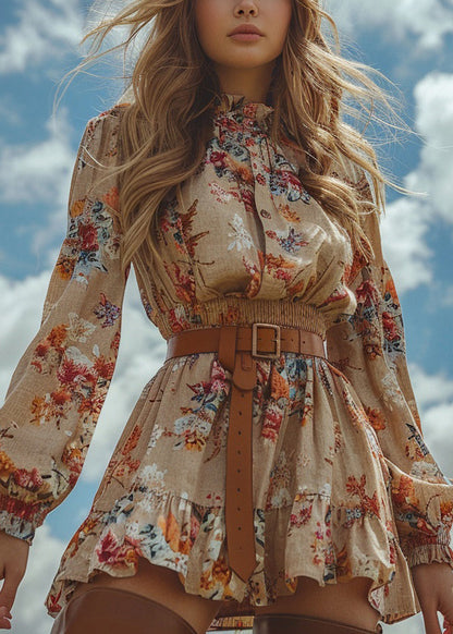 Ruffled Print Patchwork Cotton Mini Dress Long Sleeve