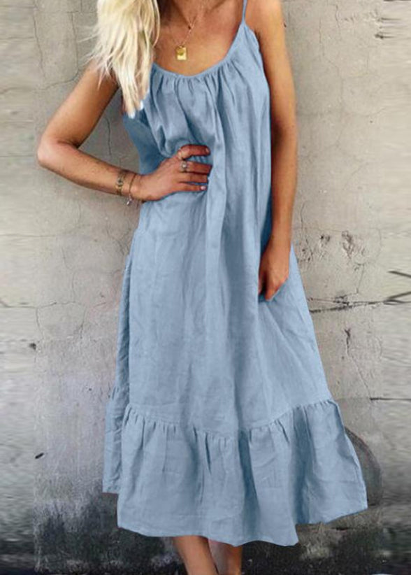 Blue Ruffled Patchwork Cotton Spaghetti Strap Dress Summer