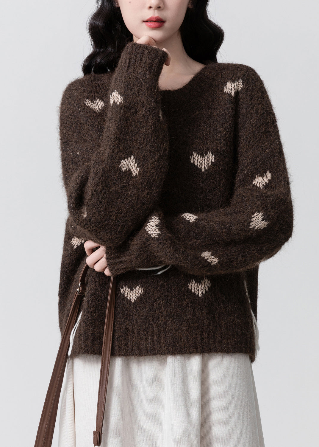 Coffee O Neck Jacquard Thick Knit Sweaters Winter