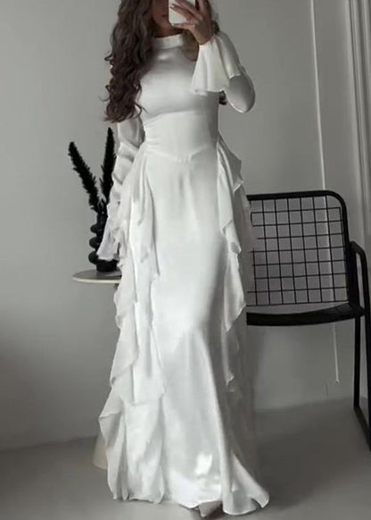 White Ruffled Patchwork Chiffon Ankle Dress Flare Sleeve