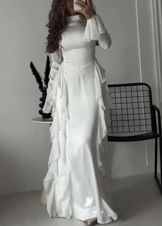 White Ruffled Patchwork Chiffon Ankle Dress Flare Sleeve