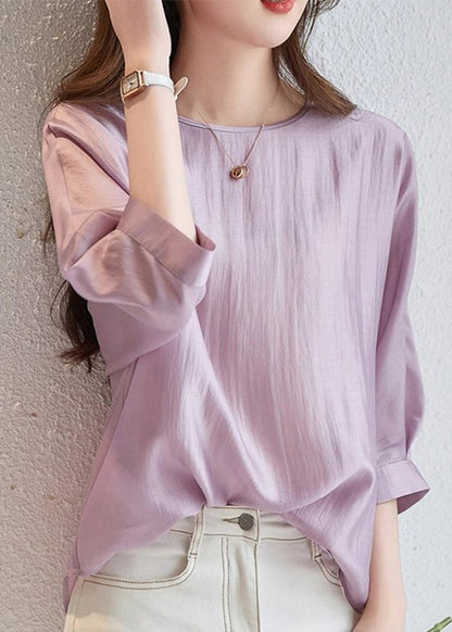 Brief Light Purple O-neck Patchwork Shirts Fall