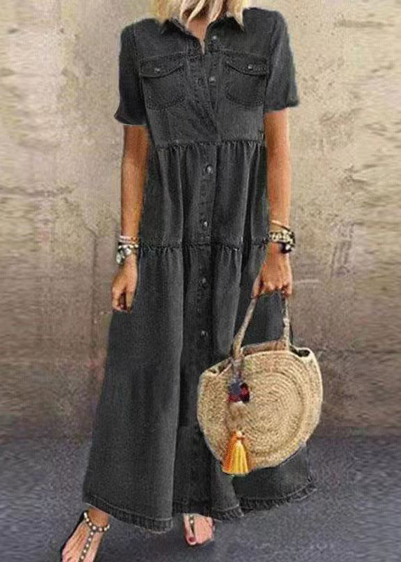 Loose Light Blue Peter Pan Collar Button Patchwork Denim Dresses Summer