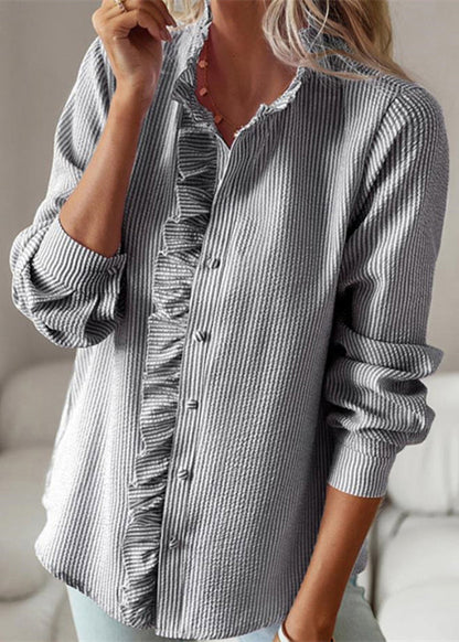 Black Stand Collar Ruffled Shirts Lantern Sleeve