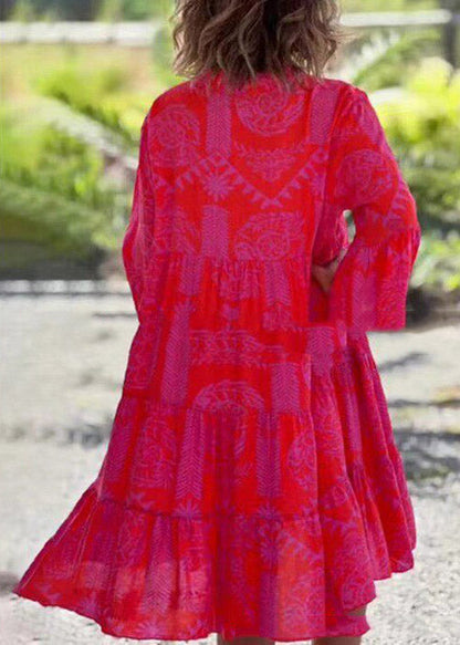 Red V Neck Print Maxi Dress Spring