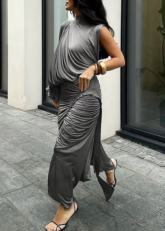 Slim Fit Grey Asymmetrical Wrinkled Tops and Skirts Two Pieces Set Fall