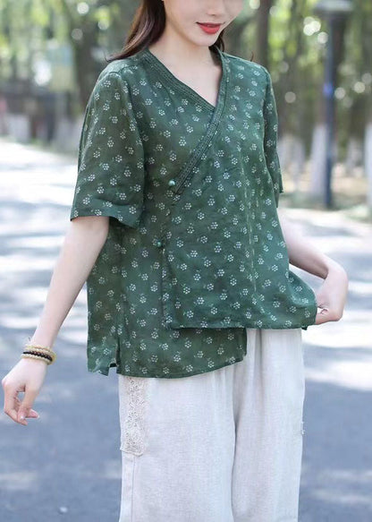 Green V Neck Print Patchwork Linen Blouses Summer
