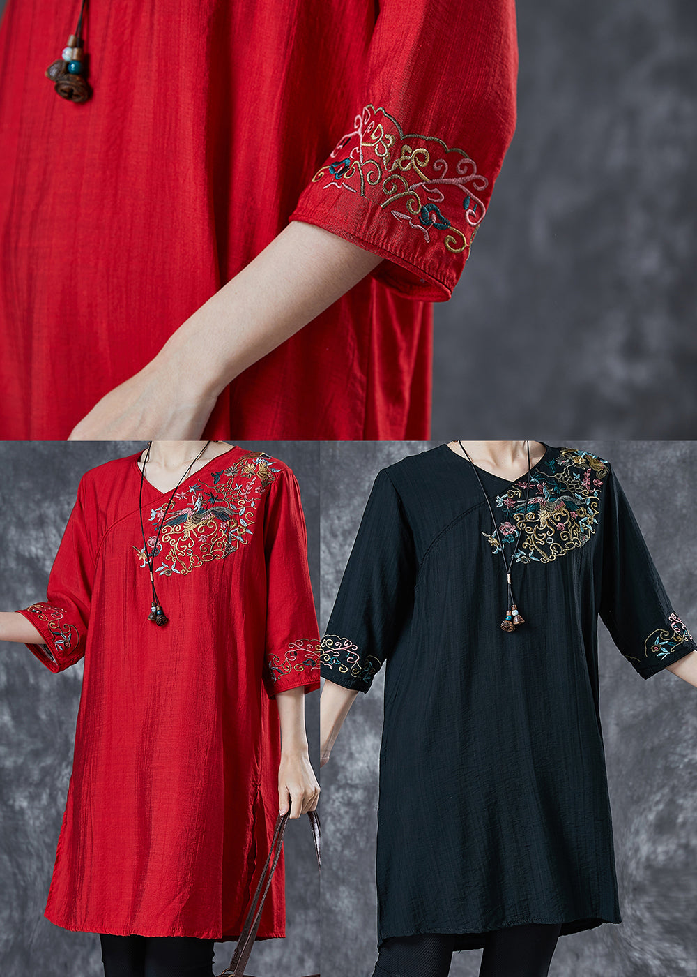 Red Embroidered Linen Mid Dresses Summer