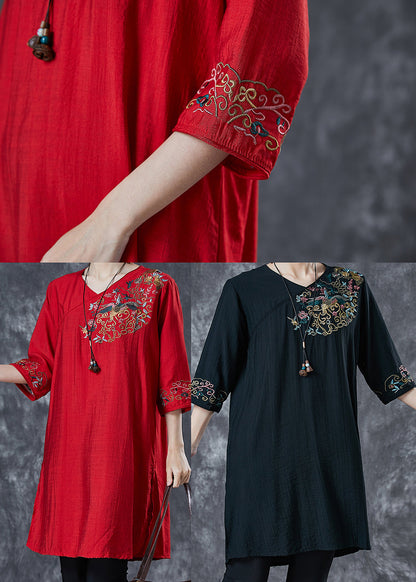 Red Embroidered Linen Mid Dresses Summer