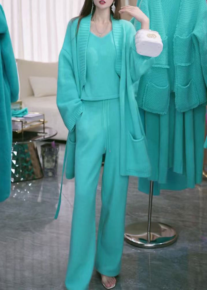 Blue V Neck Pockets Knit Three-piece Set Winter