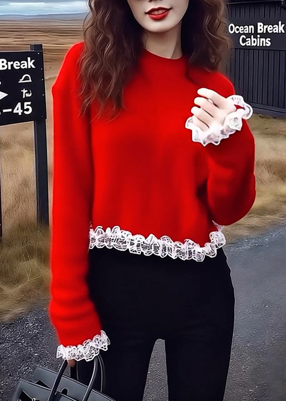 Red Oversized Patchwork Lace Sweaters Winter