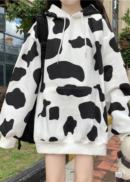 Loose White Zebra Pattern Hooded Cotton Pullover Sweatshirt Fall