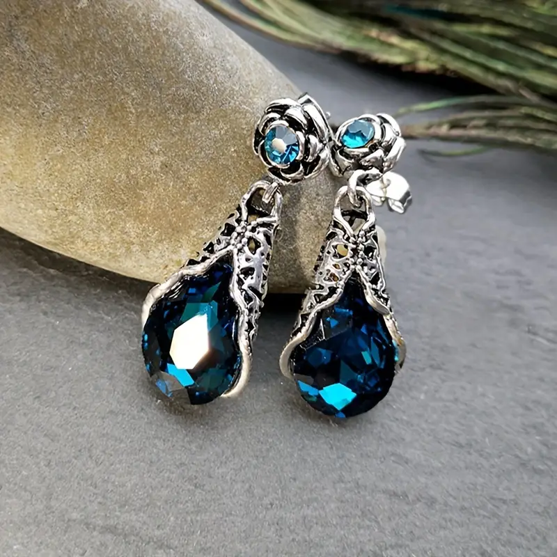 Blue Crystal Drop Silver Earrings