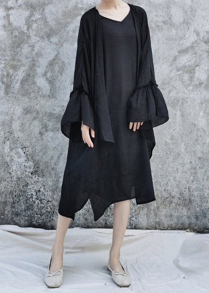 Black Linen Loose Cardigan and Spaghetti Strap Dress Two Pieces Set Flare Sleeve