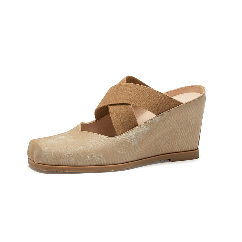 Khaki Splicing Wedge High Wedge Heels Shoes