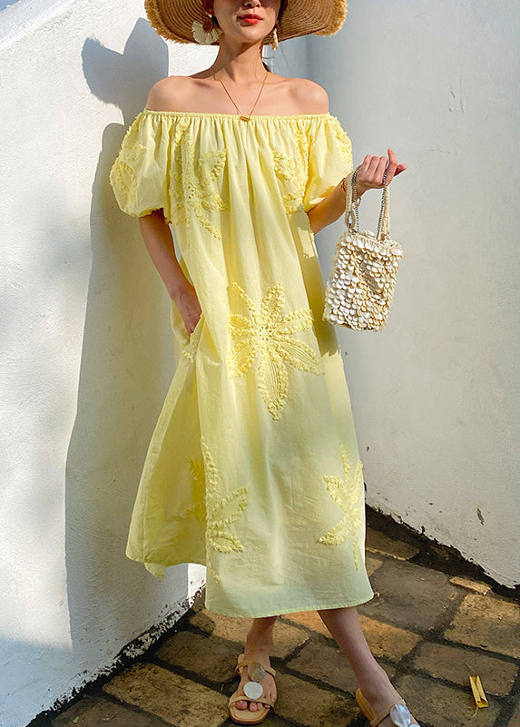 Yellow Embroidered Pockets Cotton Long Dresses Slash Neck Summer