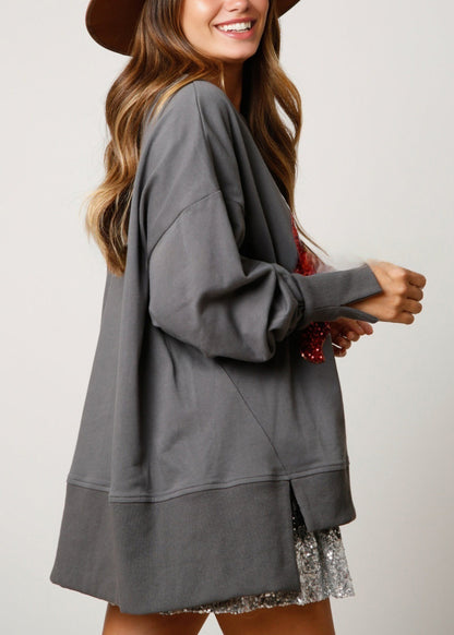 Grey O Neck Sequins Cotton Christmas Sweatshirt Winter