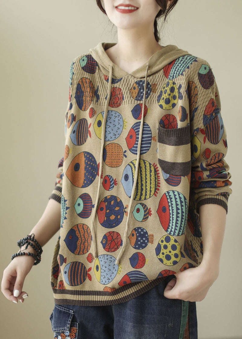 Art Khaki Hooded Print Knit Sweatshirt Winter