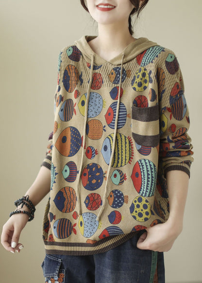 Art Khaki Hooded Print Knit Sweatshirt Winter