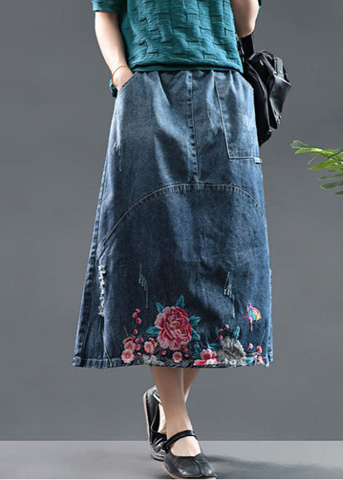 Diy Blue High Waist Embroidered Patchwork Cotton Denim Skirts Summer