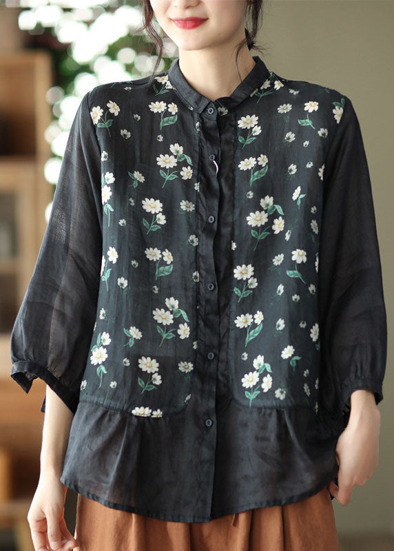 Black Print Patchwork Linen Shirt Three Quarter Sleeve