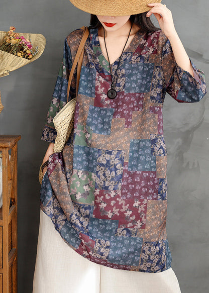 Colorblock V Neck Print Linen Mini Dress Summer