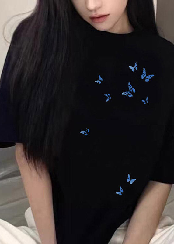 Black Butterfly Print T Shirt Summer