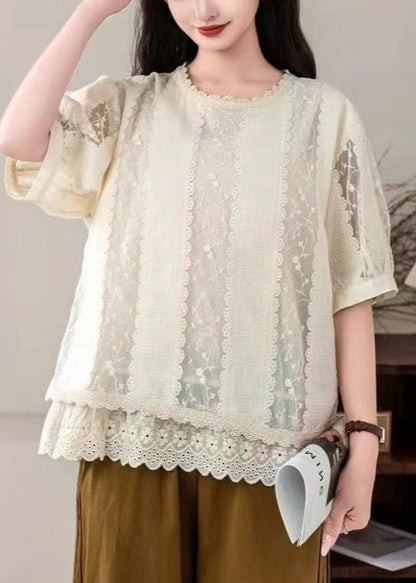 Italian Apricot Embroidered Patchwork Lace Shirt Tops Summer