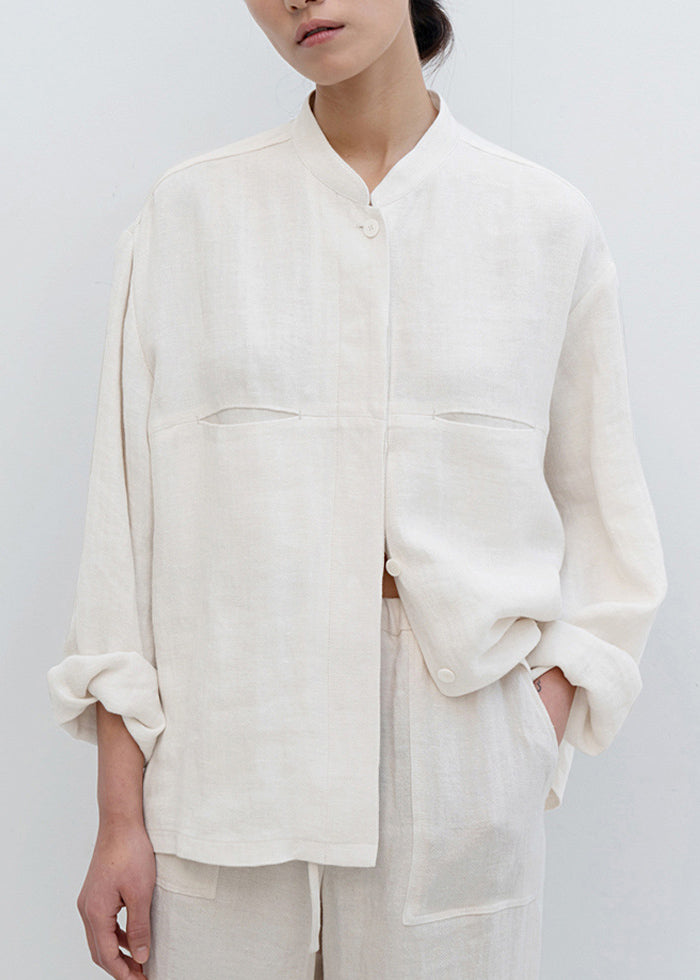 White Stand Collar Pockets Linen Shirts Spring