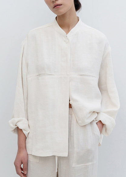 White Stand Collar Pockets Linen Shirts Spring