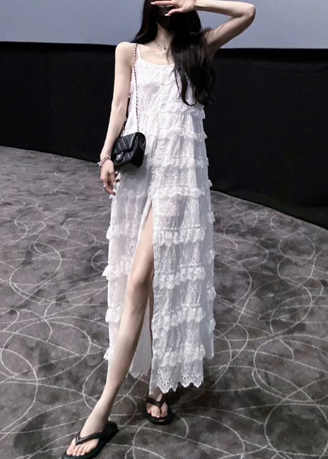 Stylish White Ruffled Side Open Lace Spaghetti Strap Dress Sleeveless