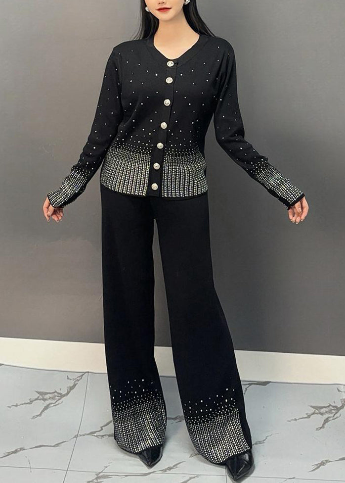 Classy Black V Neck Dot Print Knit Top and Wide Leg Pants Two Pieces Set Winter