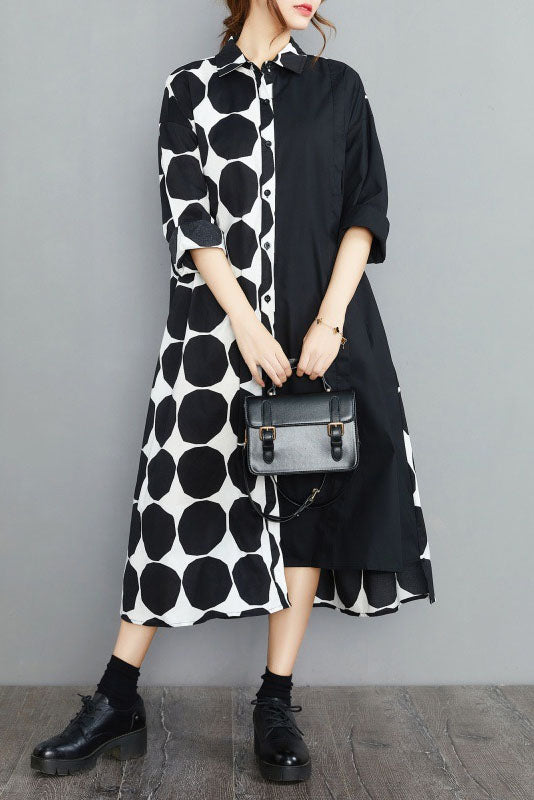 Spring Polka Dot Colorblock Lapel Shirt Dress