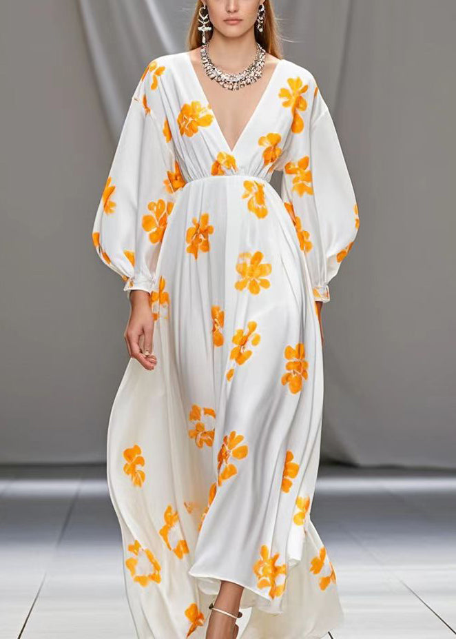 White V Neck Print Silk Vacation Dresses Fall
