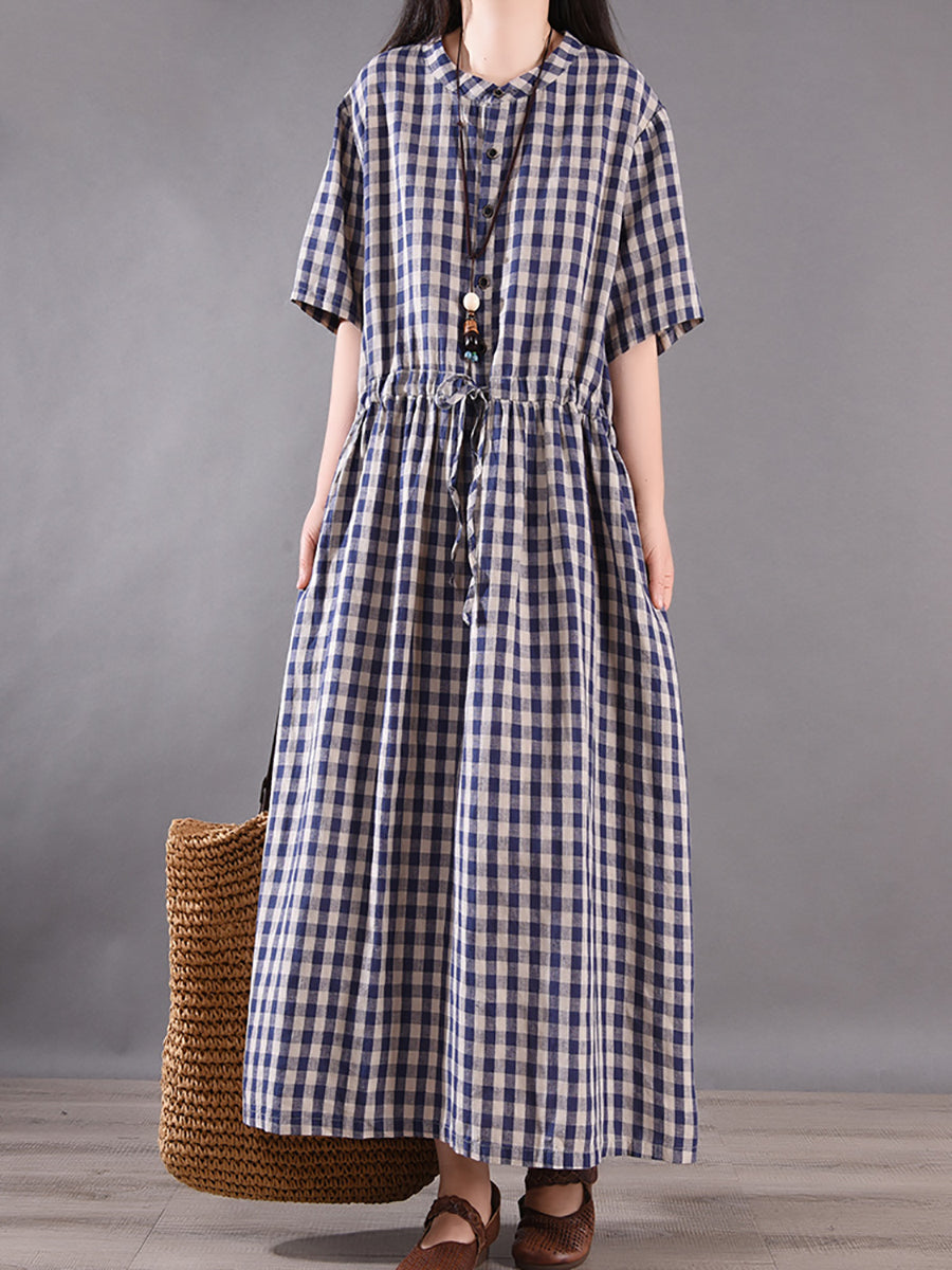 Summer Plaid Strap Linen Cotton Dress