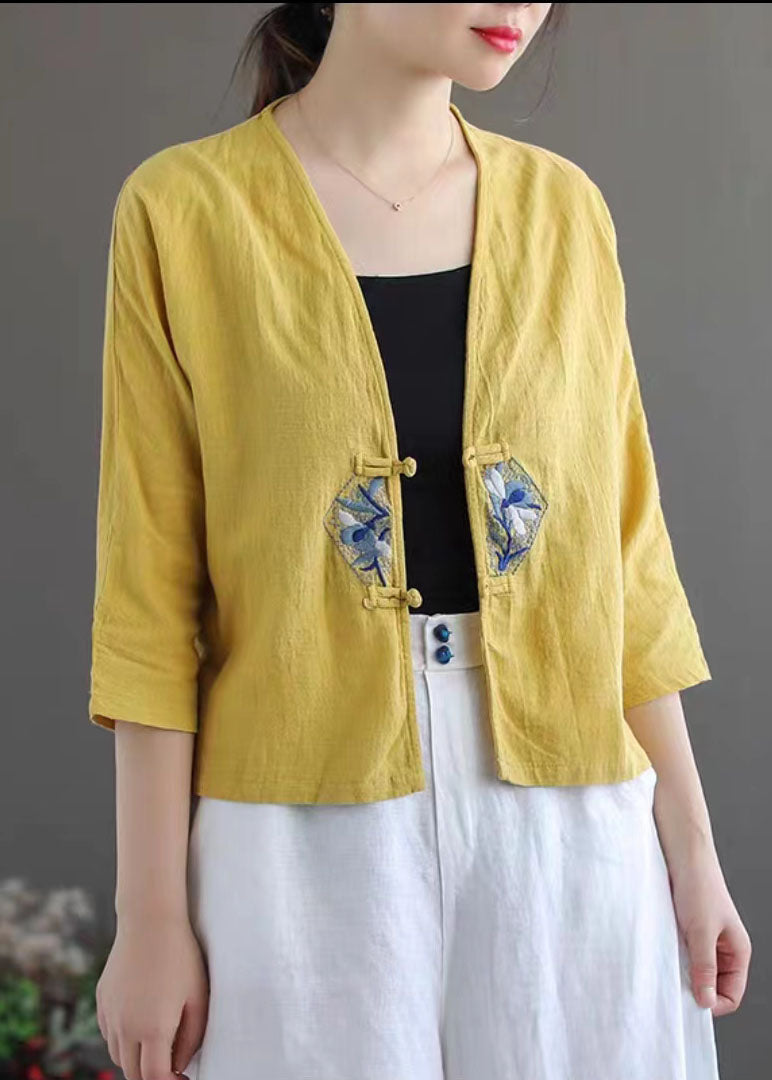 White Retro Embroidered Patchwork Summer Linen Blouse