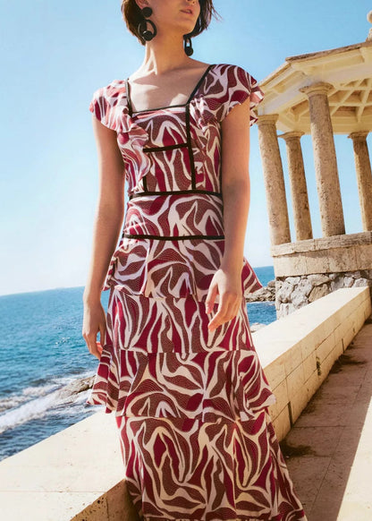Stylish Red Square Collar Ruffled Patchwork Chiffon Dress Summer