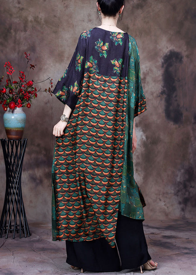 Natural Green O-neck Asymmetrical Print Patchwork Silk Cardigans and Wide Leg Pants Two Pieces Set Long Sleeve