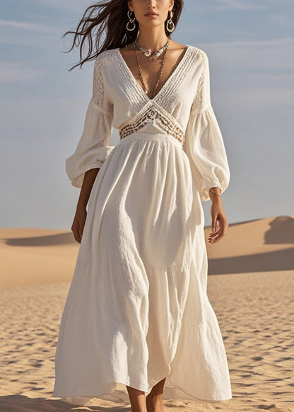 Silm Fit White V Neck Hollow Out Cotton Long Dress Fall