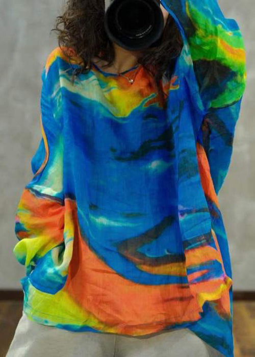 Blue O-neck Print Cotton T Shirt Long Sleeve