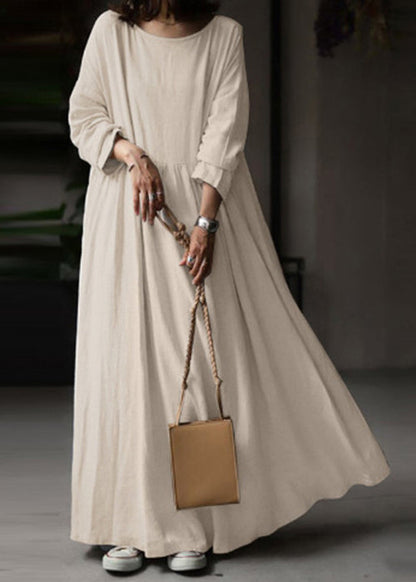 Loose White O Neck Cotton Maxi Dress Long Sleeve