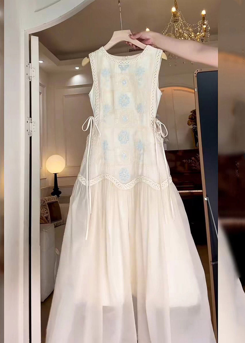 Brief White O-neck Print Tie Waist Maxi Dress Sleeveless