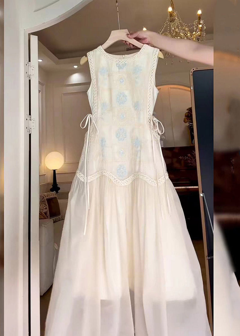 Brief White O-neck Print Tie Waist Maxi Dress Sleeveless
