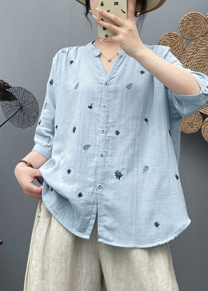 Natural Blue Embroidered Cotton Shirt Half Sleeve