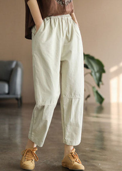 Handmade Beige Elastic Waist Pockets Pants Spring