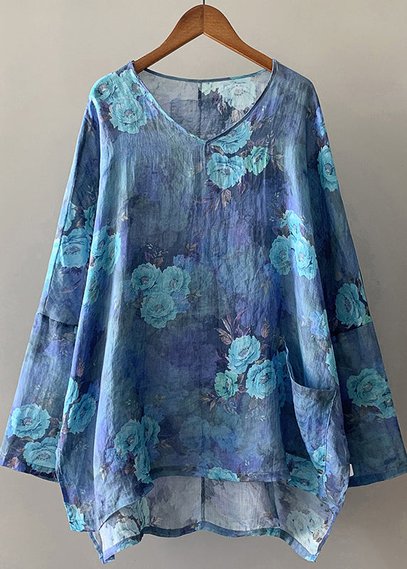Style Blue Oversized Linen Shirt Tops Spring