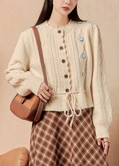 Beige Button Lace Up Knit Sweater Winter
